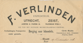 712174 Briefhoofd van een brief van F. Verlinden, Expediteur, Verhuizingen, Berging voor Inboedels enz., Achter Sint ...